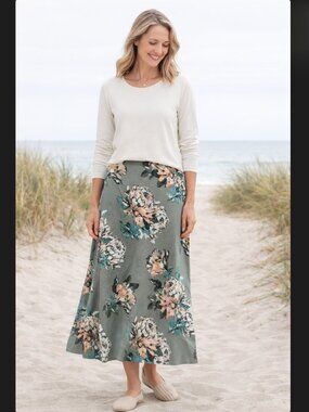 J Jill Maxi Skirt LP Green Floral A Line Pull On Stretch Waist Cottage Rose Boho